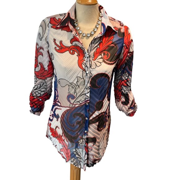 DAVID CLINE Sheer Top Size Medium Paisley Print Beautiful Buttons 3/4 Sleeves - Picture 1 of 8